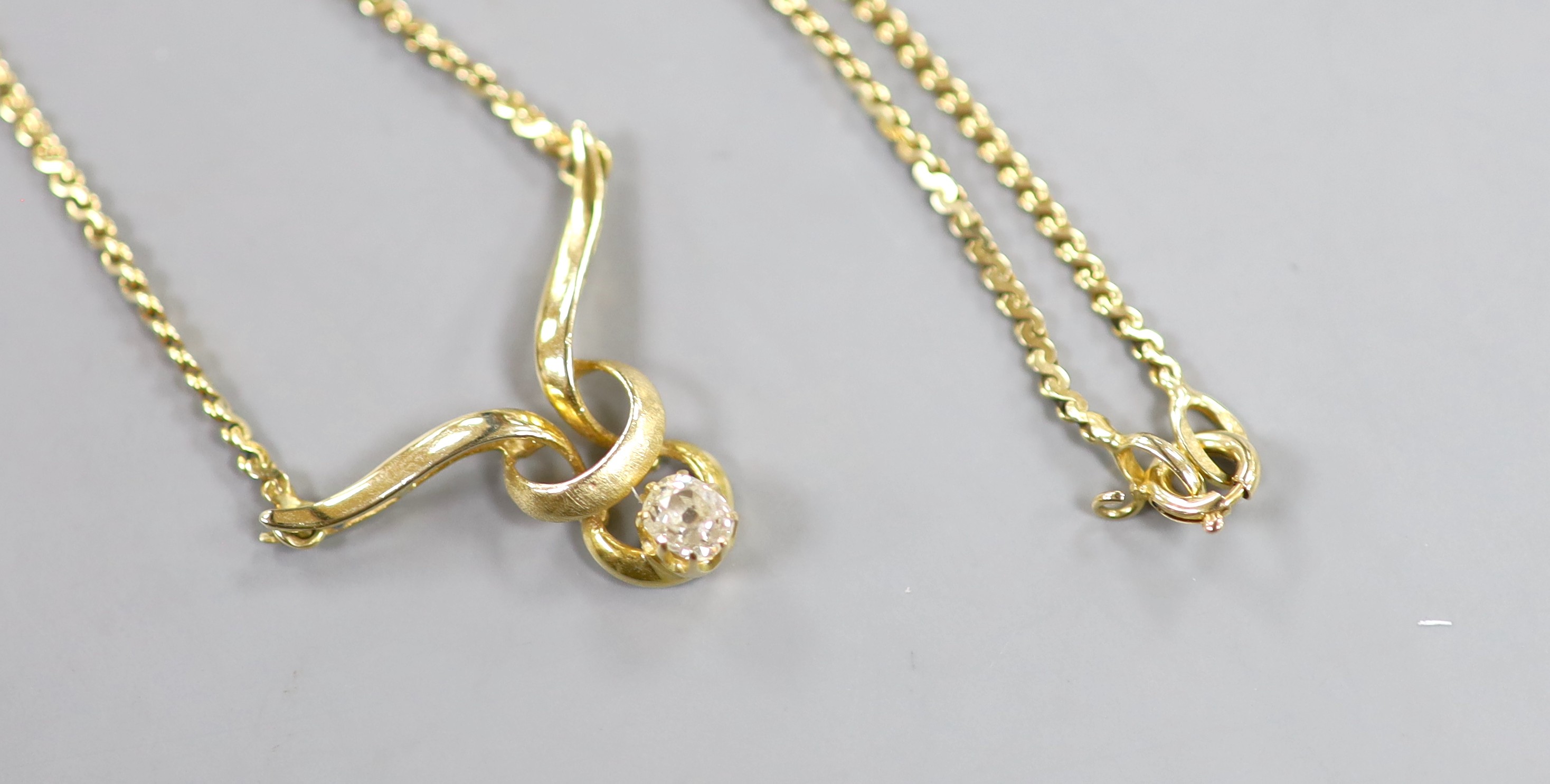 A 9ct gold and diamond pendant necklace, 44cm, gross weight 6.1 grams.